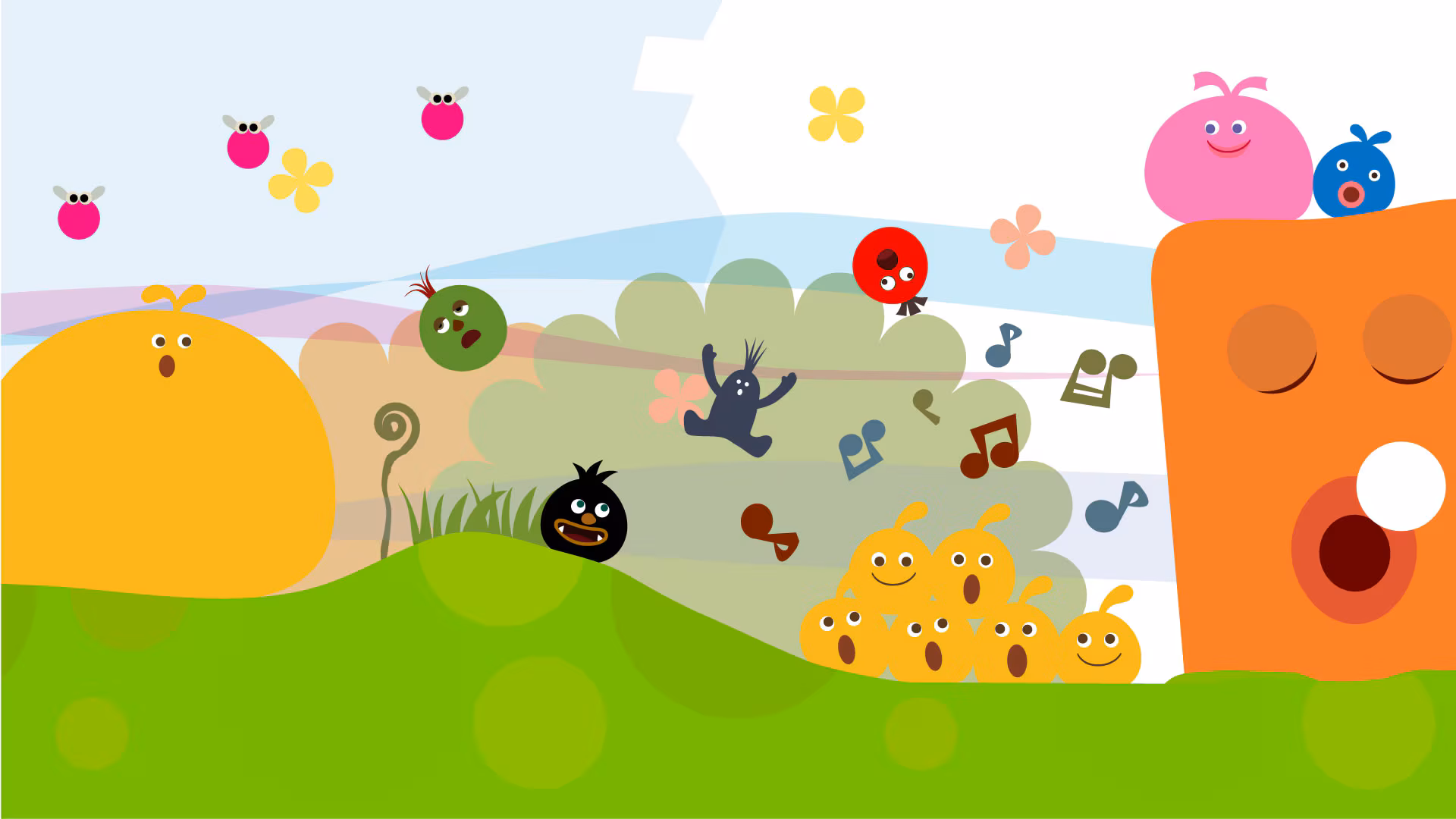 A picture of a happy, colourful environment with a couple of colourful blobs.