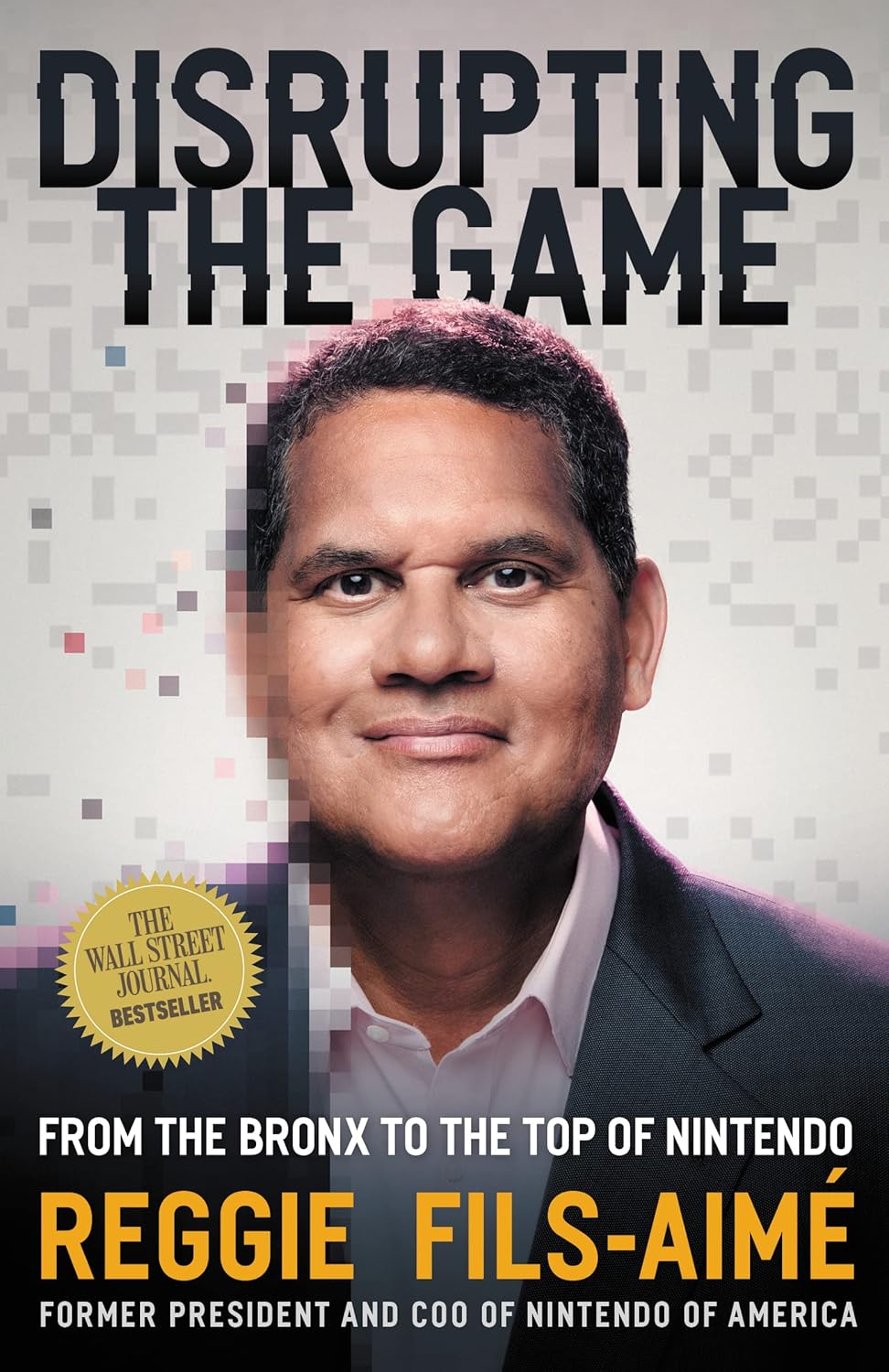 A picture of a book cover of a man being half-pixalated.